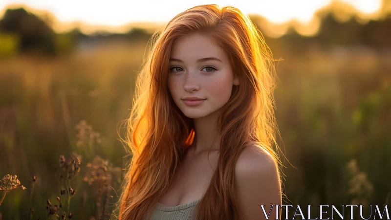 Sunlit red-haired portrait in golden hour meadow glow.