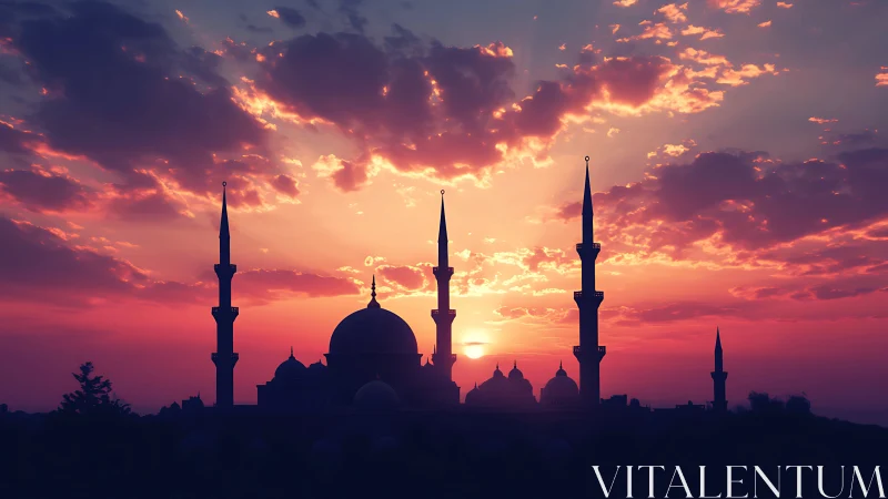 Mosque silhouette cuts vivid magenta orange sunset sky.