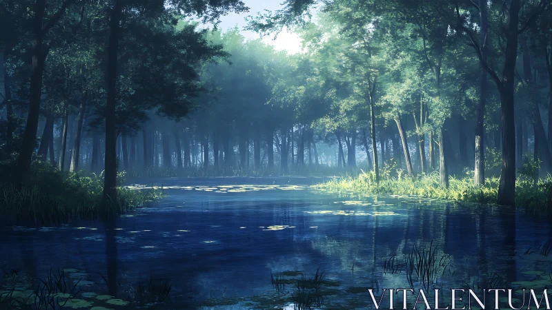 Misty forest stream with tall trees and dappled light.