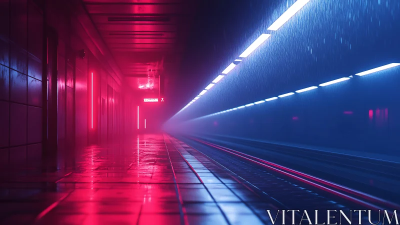 Cyberpunk subway corridor rendered in neon magenta and cyan light
