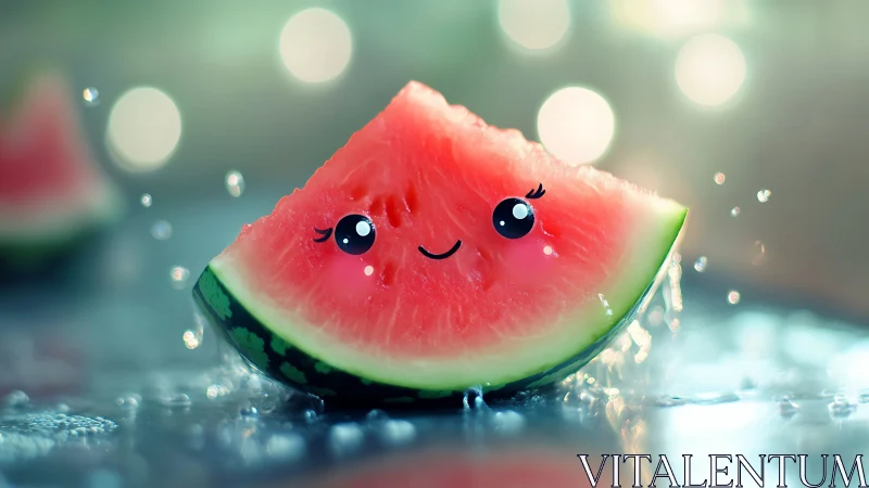 Smiling kawaii watermelon slice rendered in luminous digital bokeh