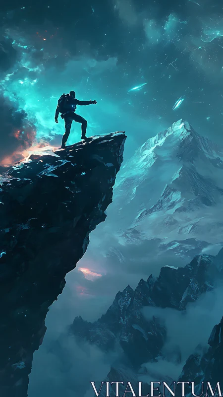 Star-washed summit trekker greeting a glowing cosmic sky.