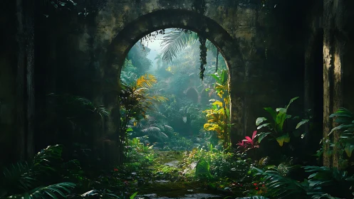 Overgrown stone archway frames luminous jungle garden.