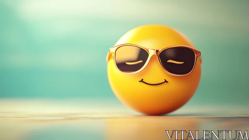 Yellow spherical emoji with sunglasses on blurred surface.