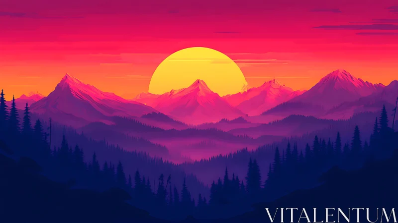 Solar bloom over neon-kissed mountains and whispering pines.