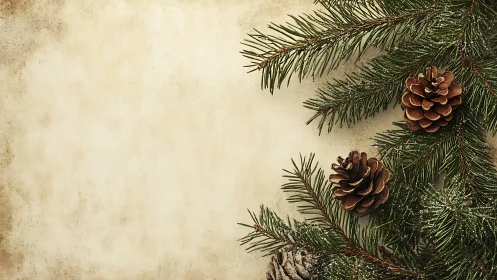 Evergreen branches with pine cones frame aged paper surface
