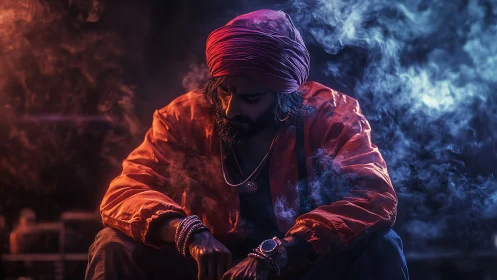 Smoke-swirled thinker glows between ember red and neon blue