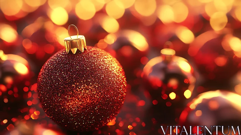 Glimmering crimson ornament basking in molten holiday bokeh.
