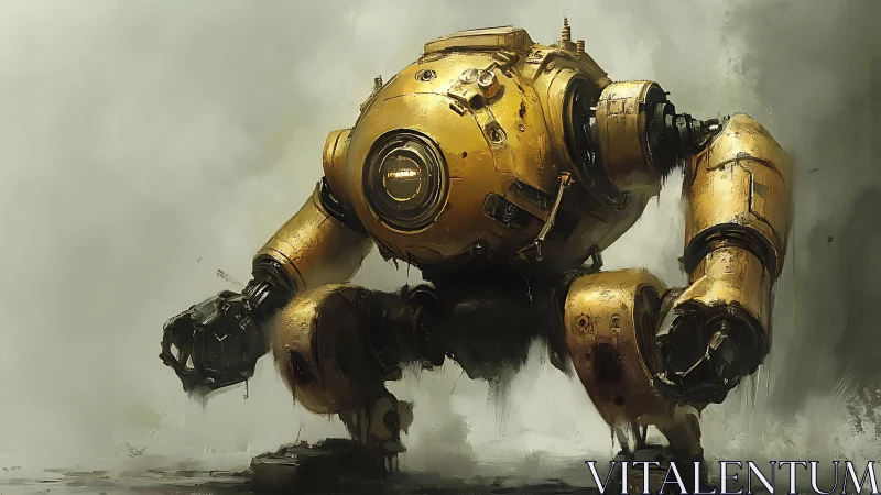 Heavy bipedal combat mech in weathered gold armor crouching low