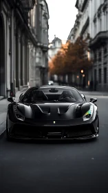 Sleek black supercar gliding calmly through quiet city streets.