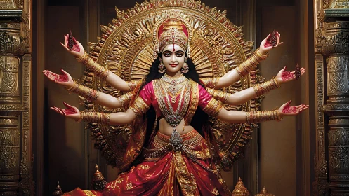 Photorealistic multi-armed goddess before ornate golden mandala.