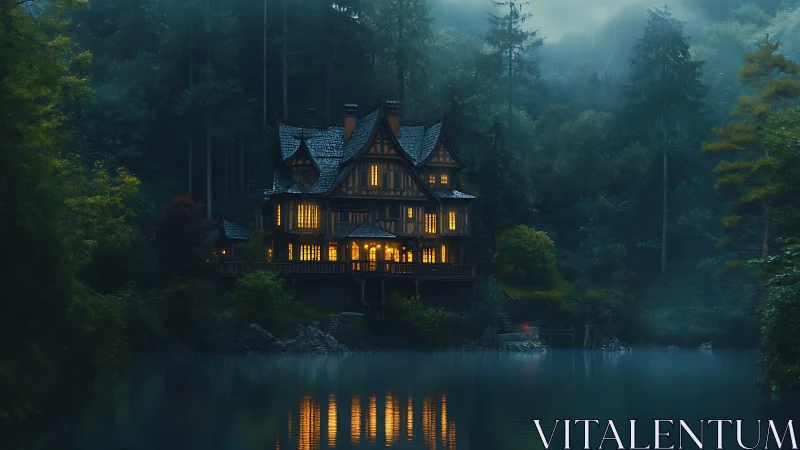 Lakefront woodland manor glows warmly in blue twilight.