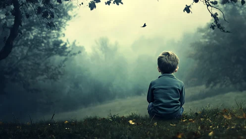 Solitary child observing misty forest valley with distant bird