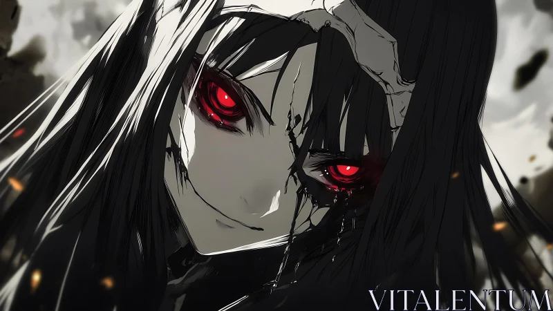 Red-eyed fractured mask girl in dramatic close-up profile