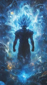 Cosmic warrior emerges in blazing blue celestial aura.