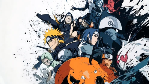 Dynamic group of ninja warriors in bold ink explosion