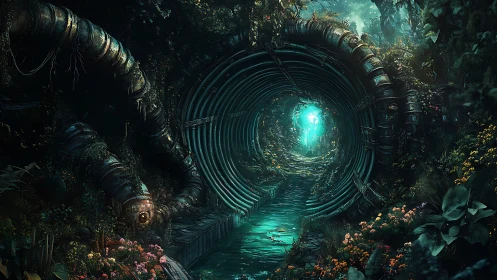 Cylindrical jungle portal with bioluminescent water tunnel