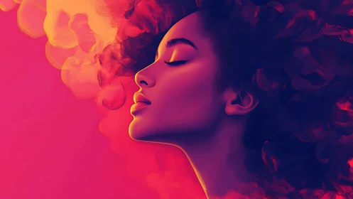 Chromatic female profile in neon gradients and vapor plumes.