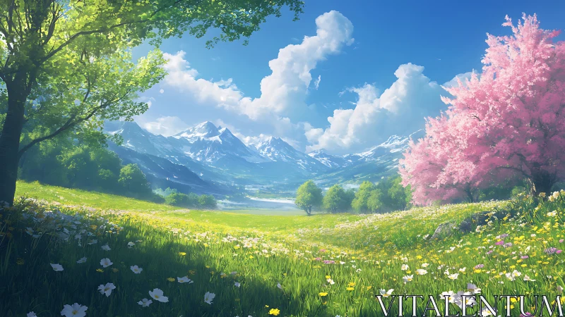 Spring valley opens gently toward distant snowy mountains