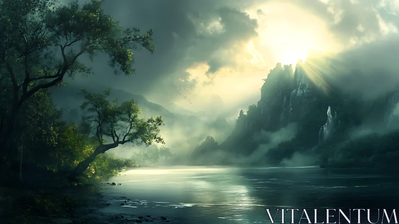Mist-laced mountains sip sunrise over a silver forest river