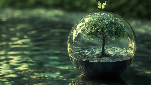 Lush Tree in Glass Sphere with Butterfly, Surreal Nature Art.