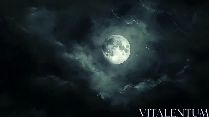 Full moon burns through storm-dark swirling night clouds.