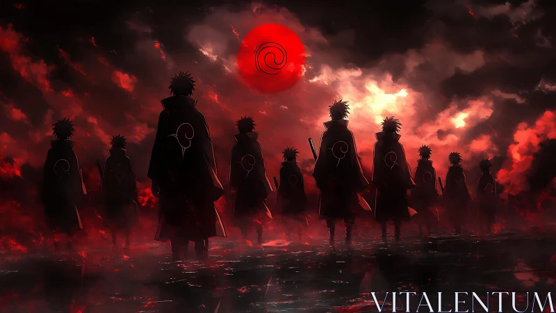 Crimson eclipse summons cloaked warriors through burning mist.