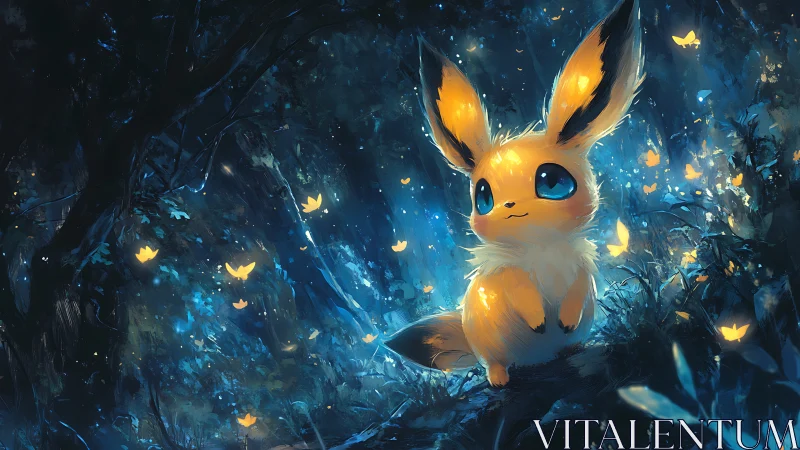 Small foxlike creature in glowing blue forest at night.