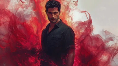 Brooding man emerges through swirling crimson smoke