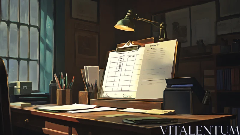 Wood desk workspace displays ledger under focused lamp light