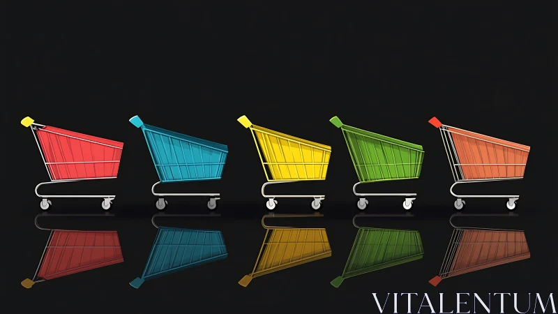 Chromatic supermarket carts rendered in aligned reflective row