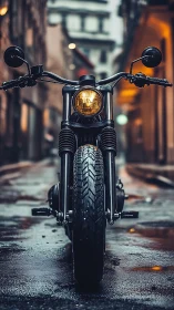 Custom café racer motorcycle on wet urban alley at dusk.