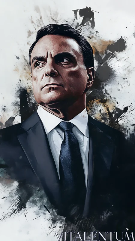 Male figure in suit before abstract textured backdrop.