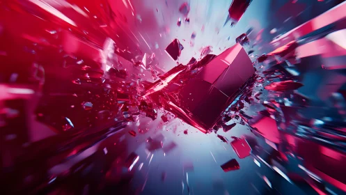 Exploding Red Crystal Shards in Dynamic Abstract Digital Art.