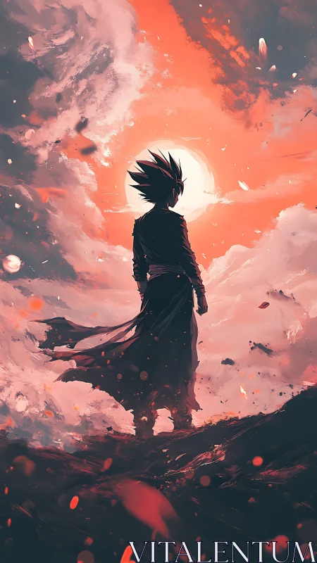 Digital painting silhouette under apocalyptic molten sky.