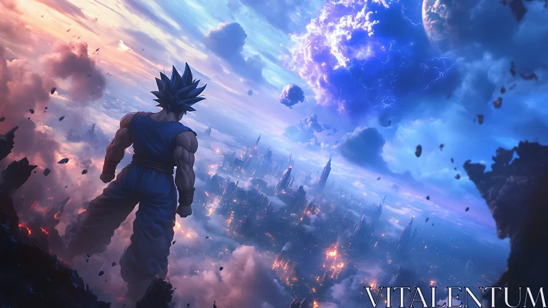 Spiky haired warrior overlooks burning futuristic cityscape.