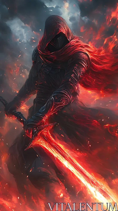 Hooded flame warrior brandishes a blazing infernal sword.