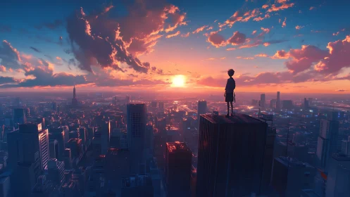 Solitary figure on city rooftop watching vivid sunset.