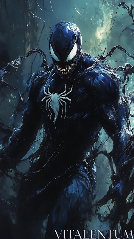Digital symbiote entity in dynamic vertical character portrait.