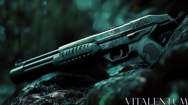 Tactical shotgun style firearm on wet rocks outdoors.