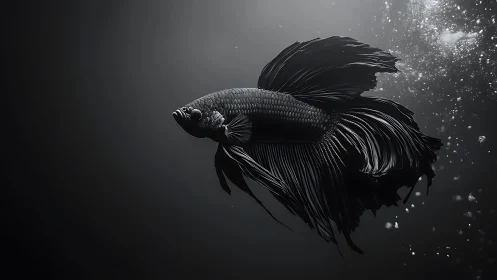 Monochrome betta fish in high-contrast photorealistic rendering.