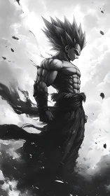 Monochrome muscular figure with spiked hair in clouded void.