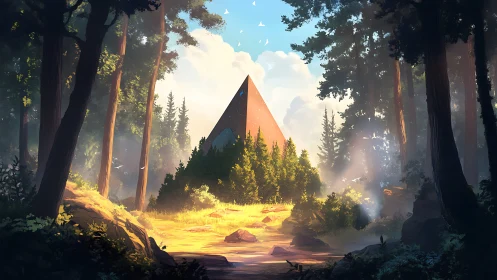 Monumental Geometric Pyramid Interior: Luminous Forest Cathedral with Warm Ambient Lighting.