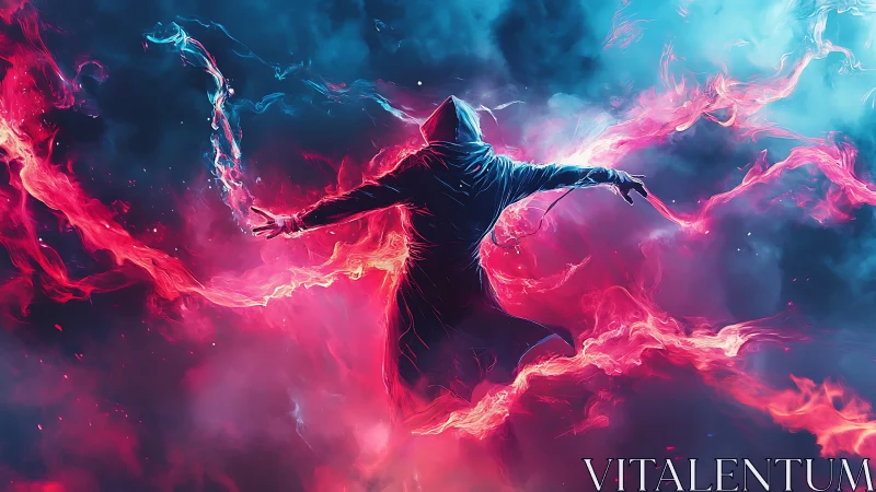 Hooded figure amid red and blue swirling energy clouds.