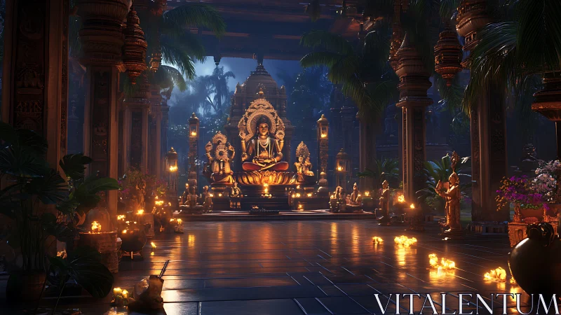 Nighttime temple hall with central golden seated deity statue.