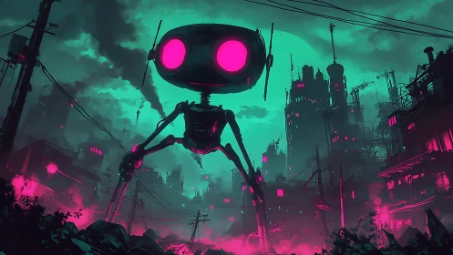 Giant neon-eyed robot in dystopian cyberpunk cityscape.