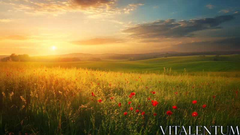 Backlit poppy meadow under low-angle sun and layered cloud bands