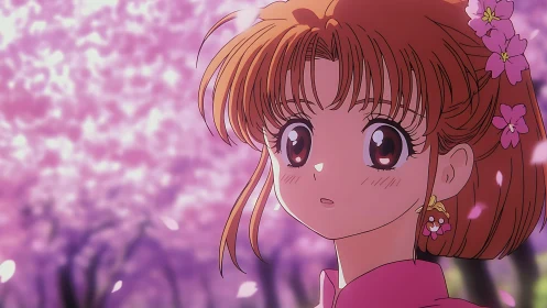 Anime girl gazes softly among glowing pink cherry blossoms