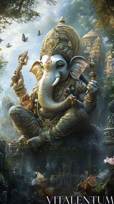 Majestic Ganesha deity hovering over misty jungle temple.