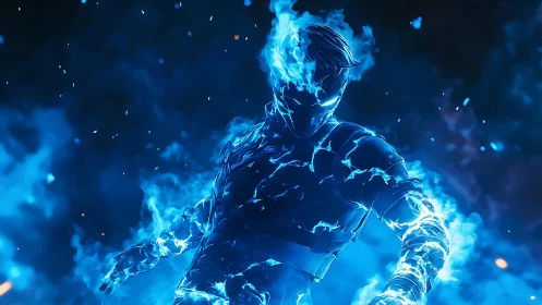 Electric blue spirit warrior rising from crackling flames.